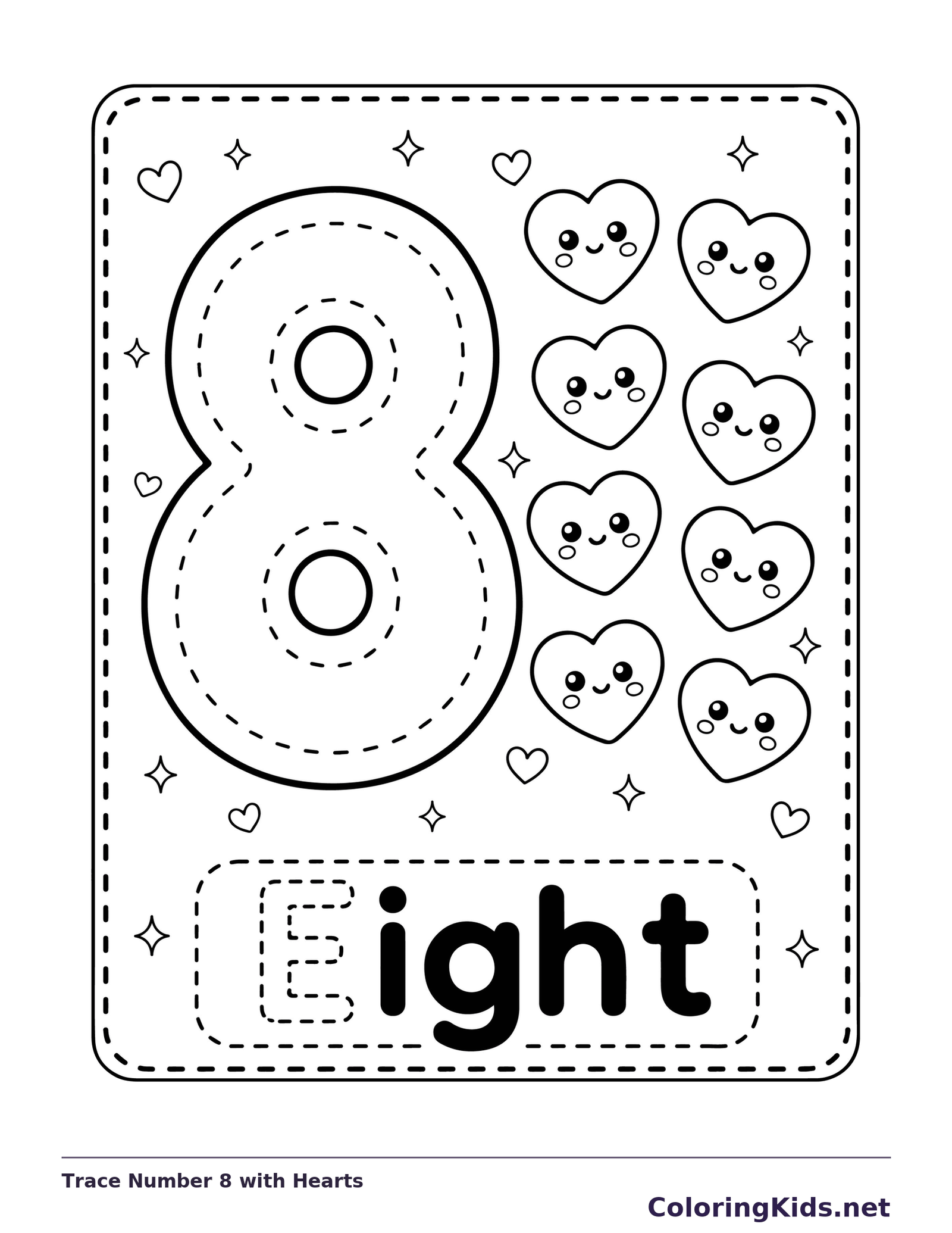 Trace Number 8 with Hearts coloring page, black and white printable line art with tracing