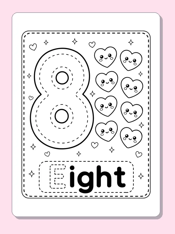 Trace Number 8 with Hearts coloring page, black and white printable line art with tracing