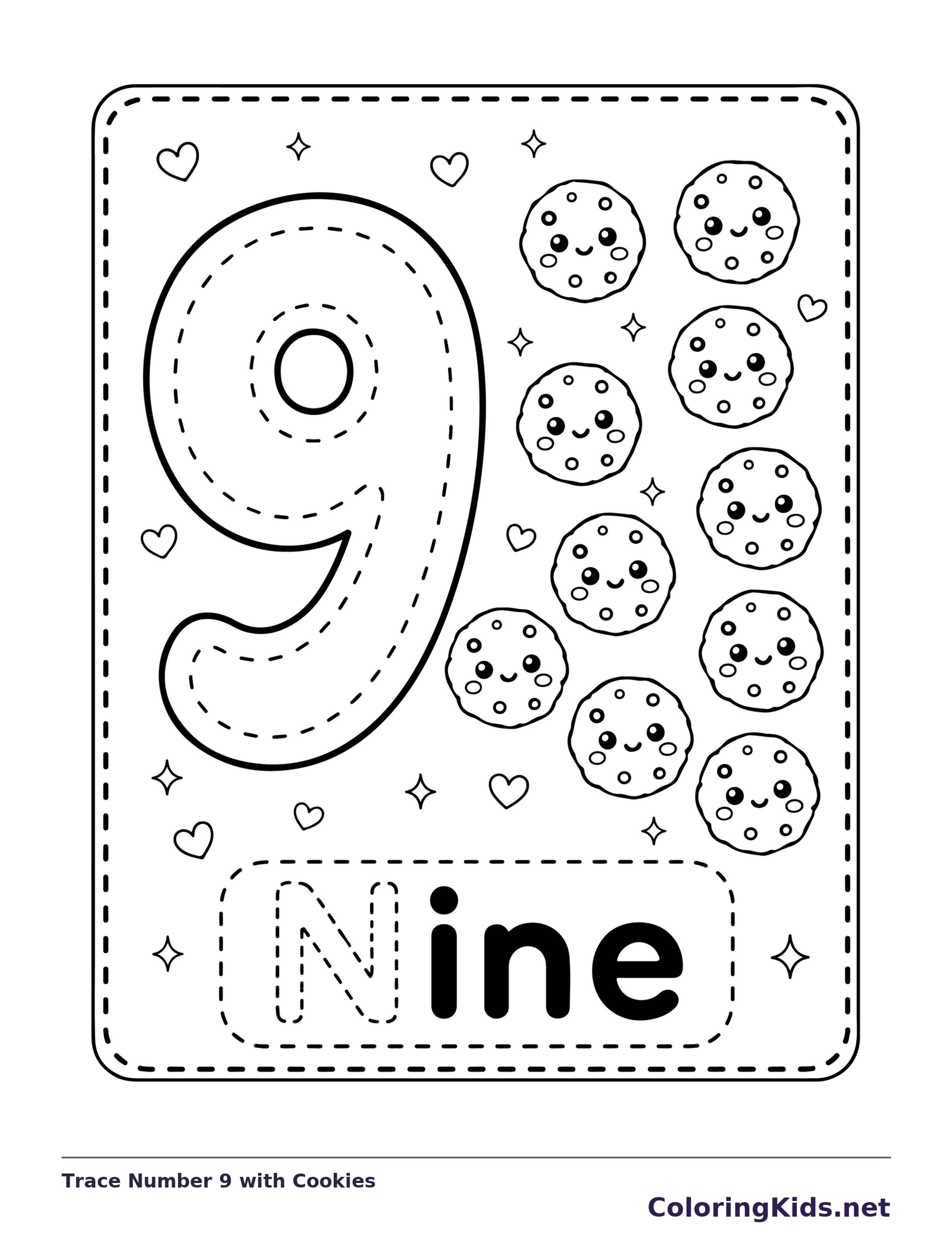 Trace Number 9 with Cookies coloring page, black and white printable line art with tracing