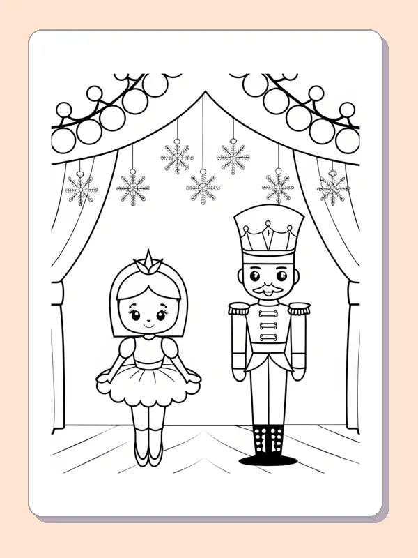 Ballerina and nutcracker standing on a decorated theater stage