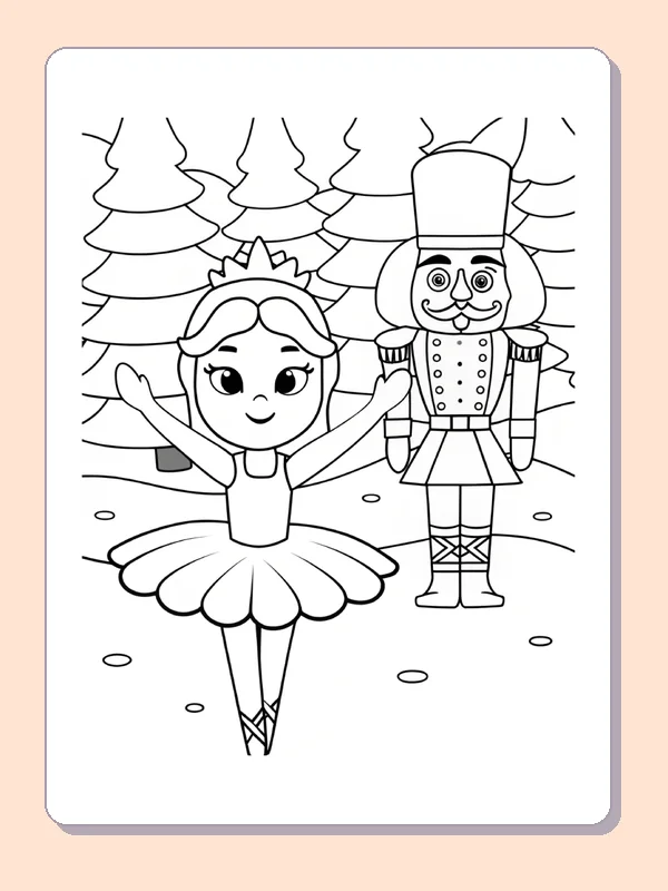 Ballerina dancing in the snow beside a nutcracker toy soldier