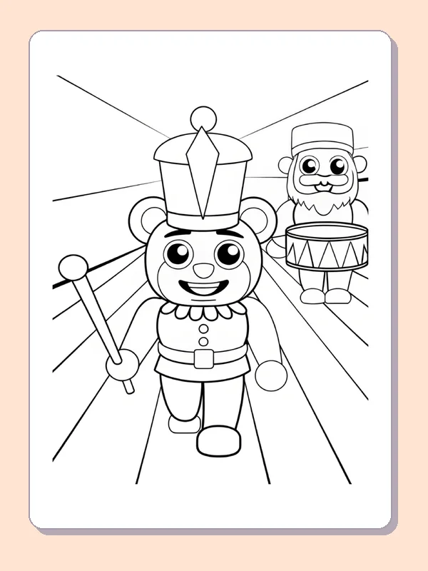 Drumming toy bear marching in front of a nutcracker soldier