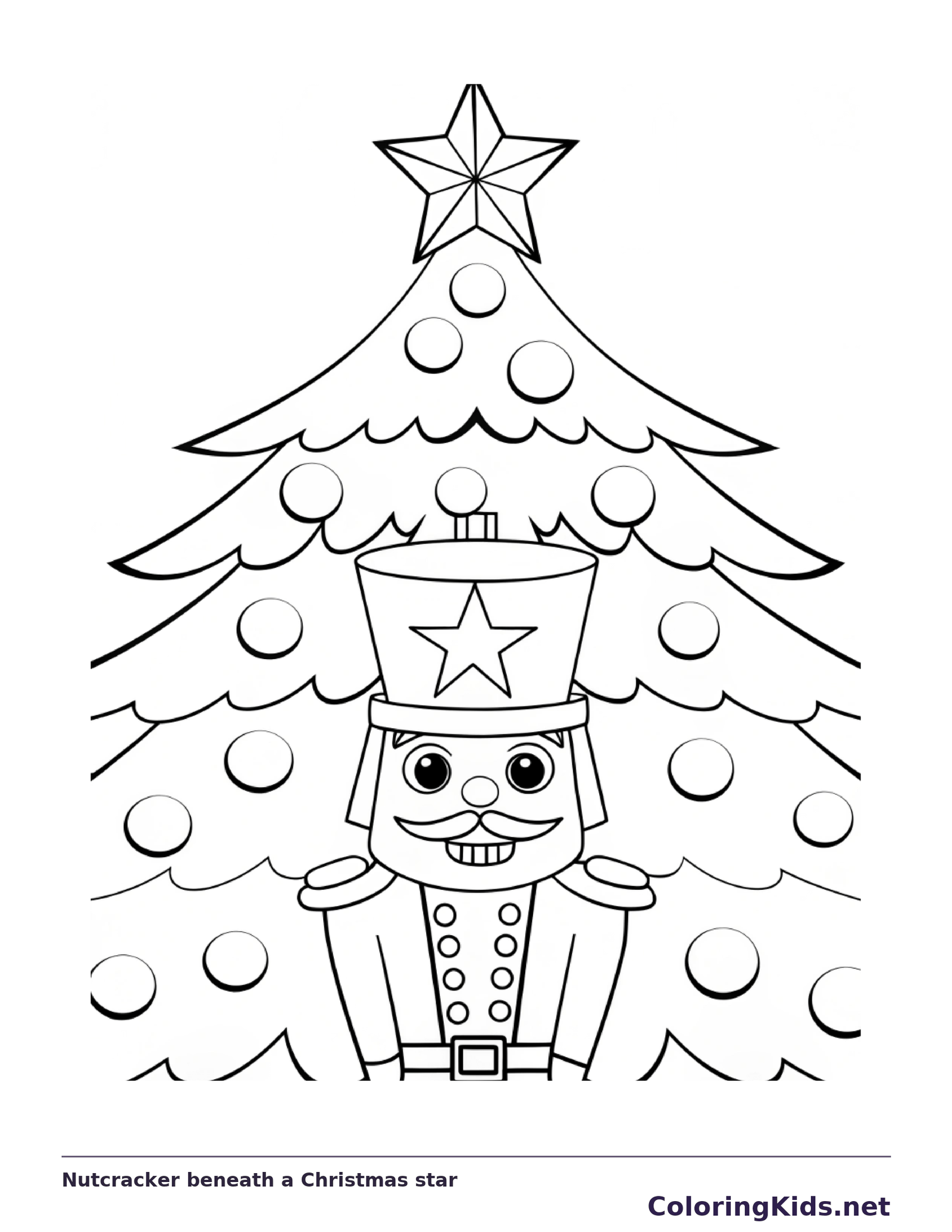 Nutcracker toy soldier beneath a star-topped Christmas tree