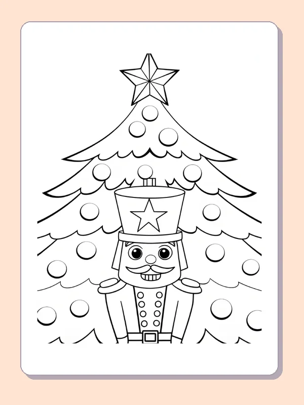 Nutcracker toy soldier beneath a star-topped Christmas tree