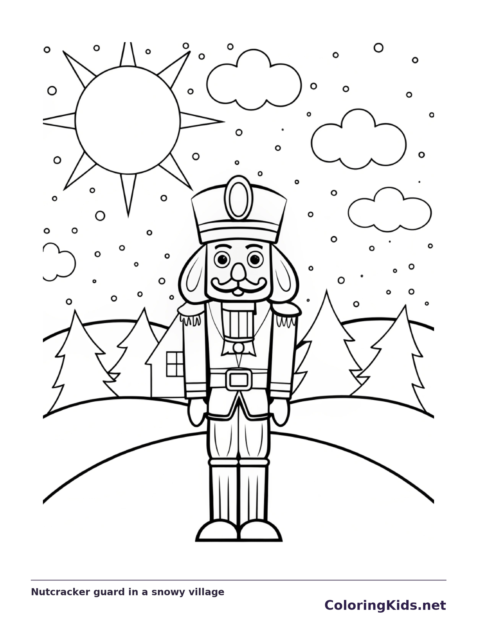 Nutcracker guard standing in a snowy village landscape