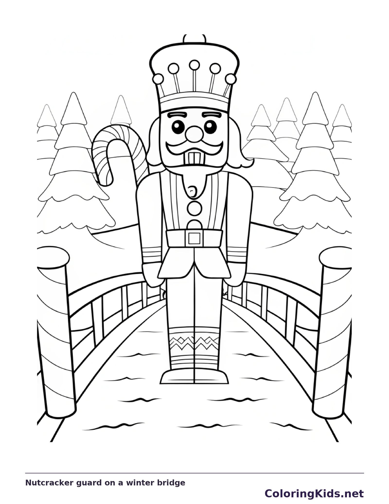 Nutcracker toy soldier standing on a bridge in a snowy forest