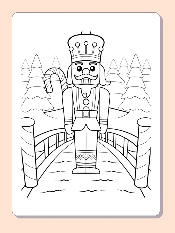 Nutcracker toy soldier standing on a bridge in a snowy forest