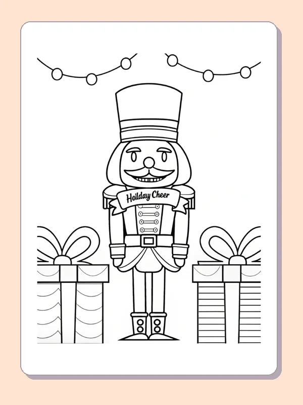 Nutcracker holding a Holiday Cheer sign between wrapped presents
