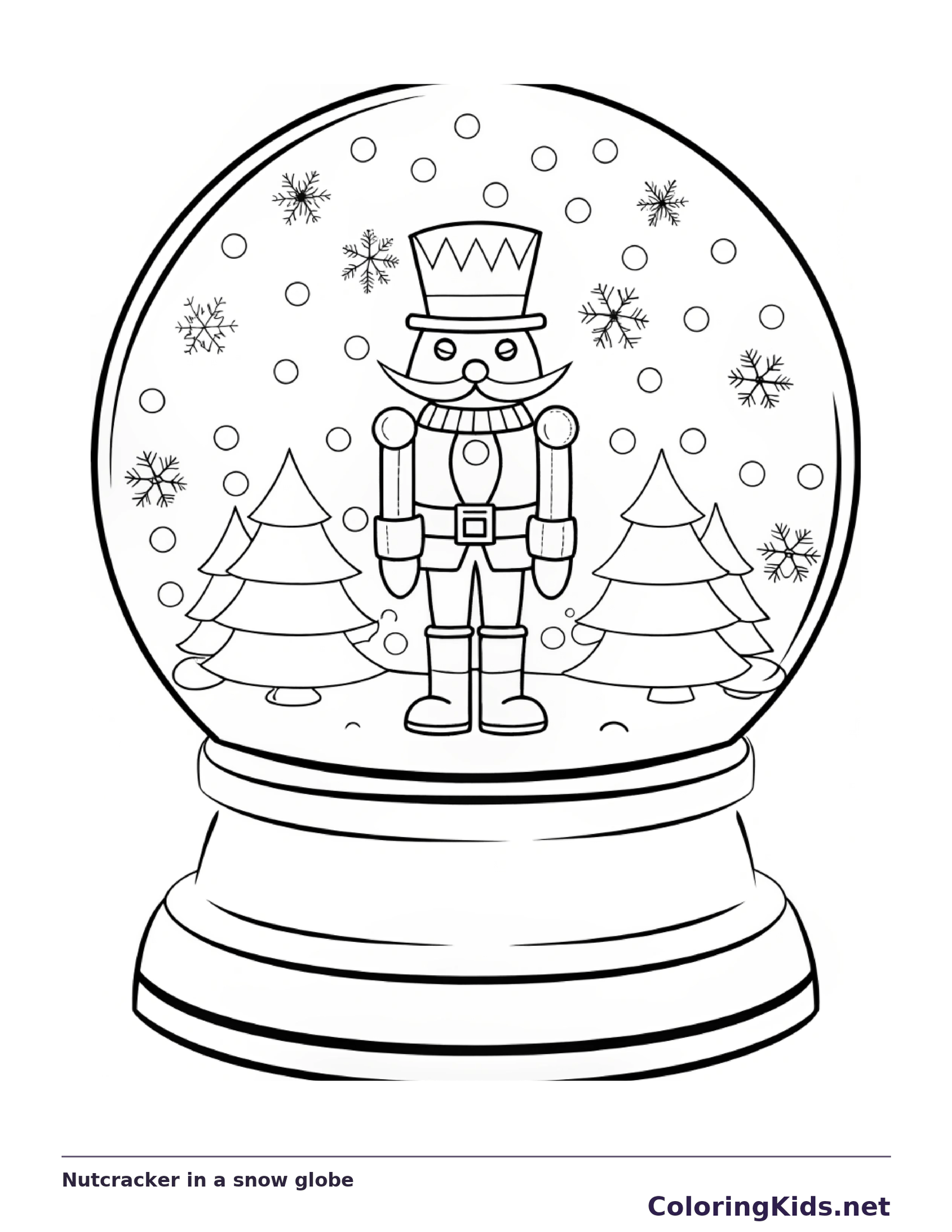 Nutcracker soldier between snowy trees inside a snow globe