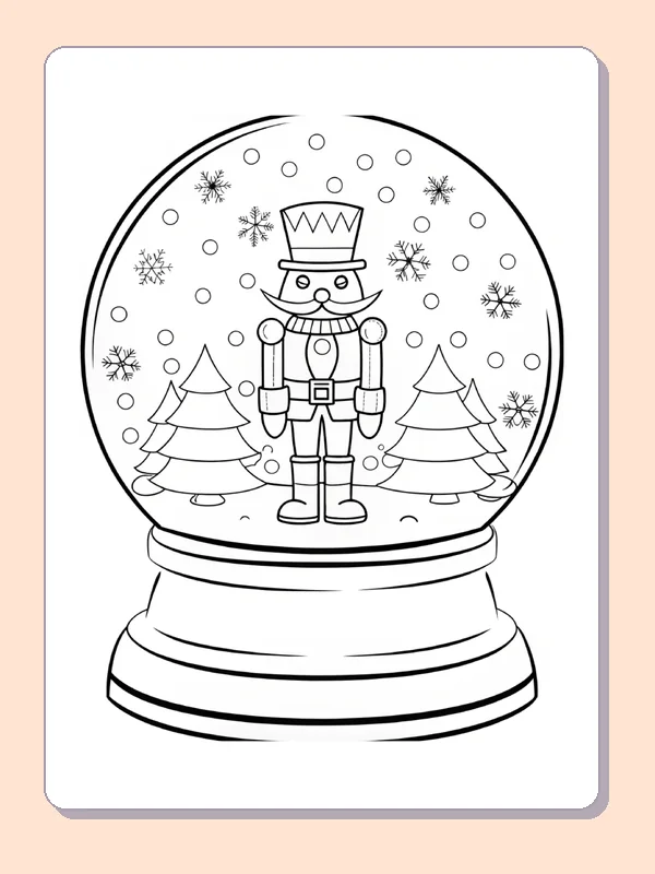 Nutcracker soldier between snowy trees inside a snow globe