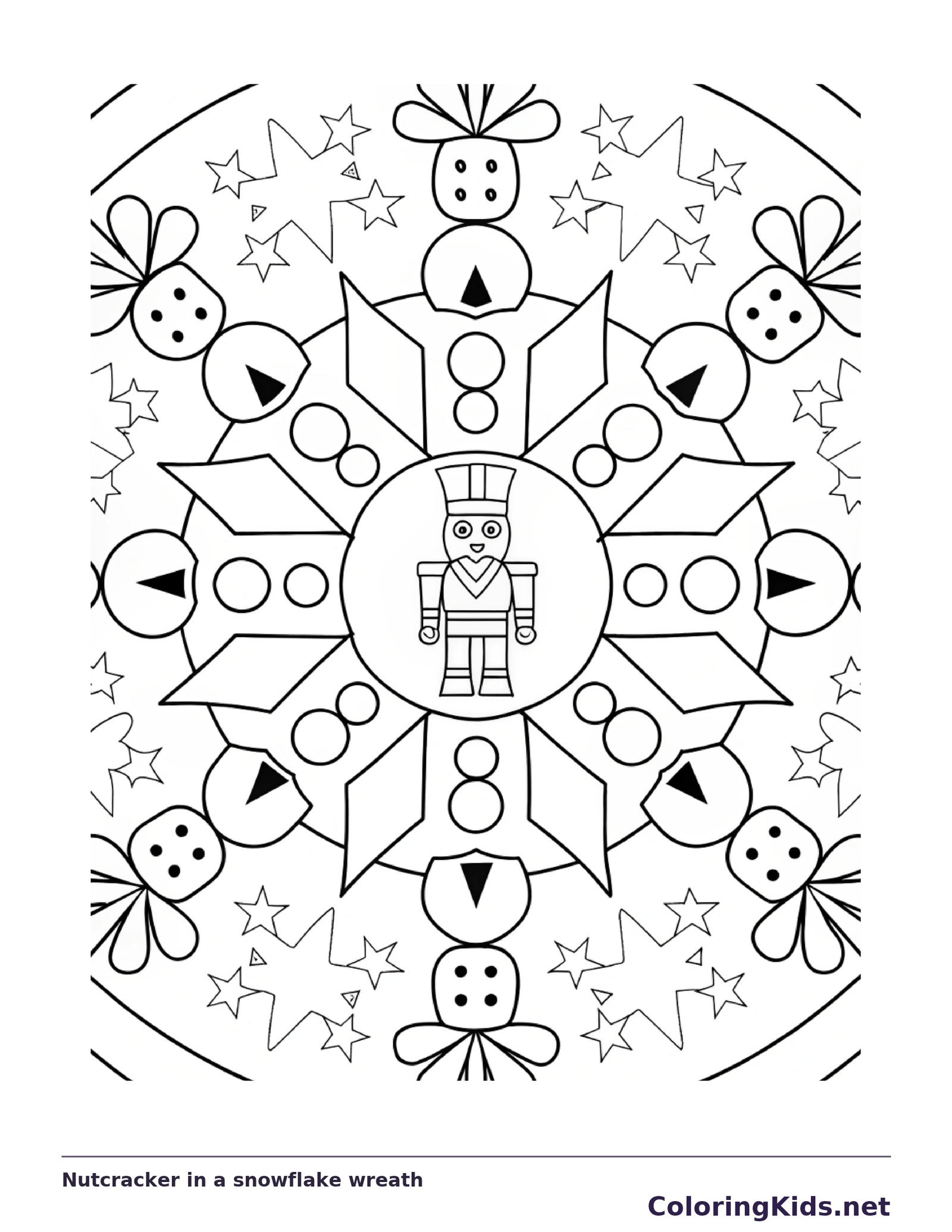 Nutcracker inside a densely patterned snowflake wreath