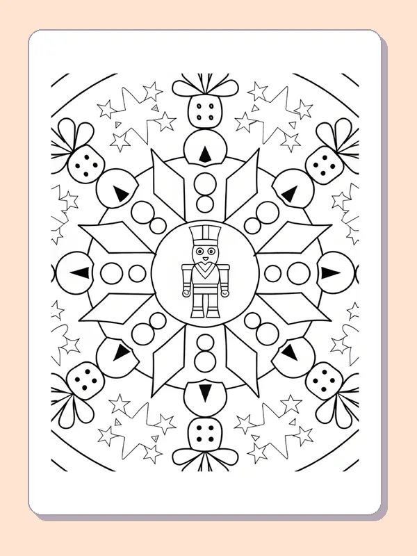 Nutcracker inside a densely patterned snowflake wreath