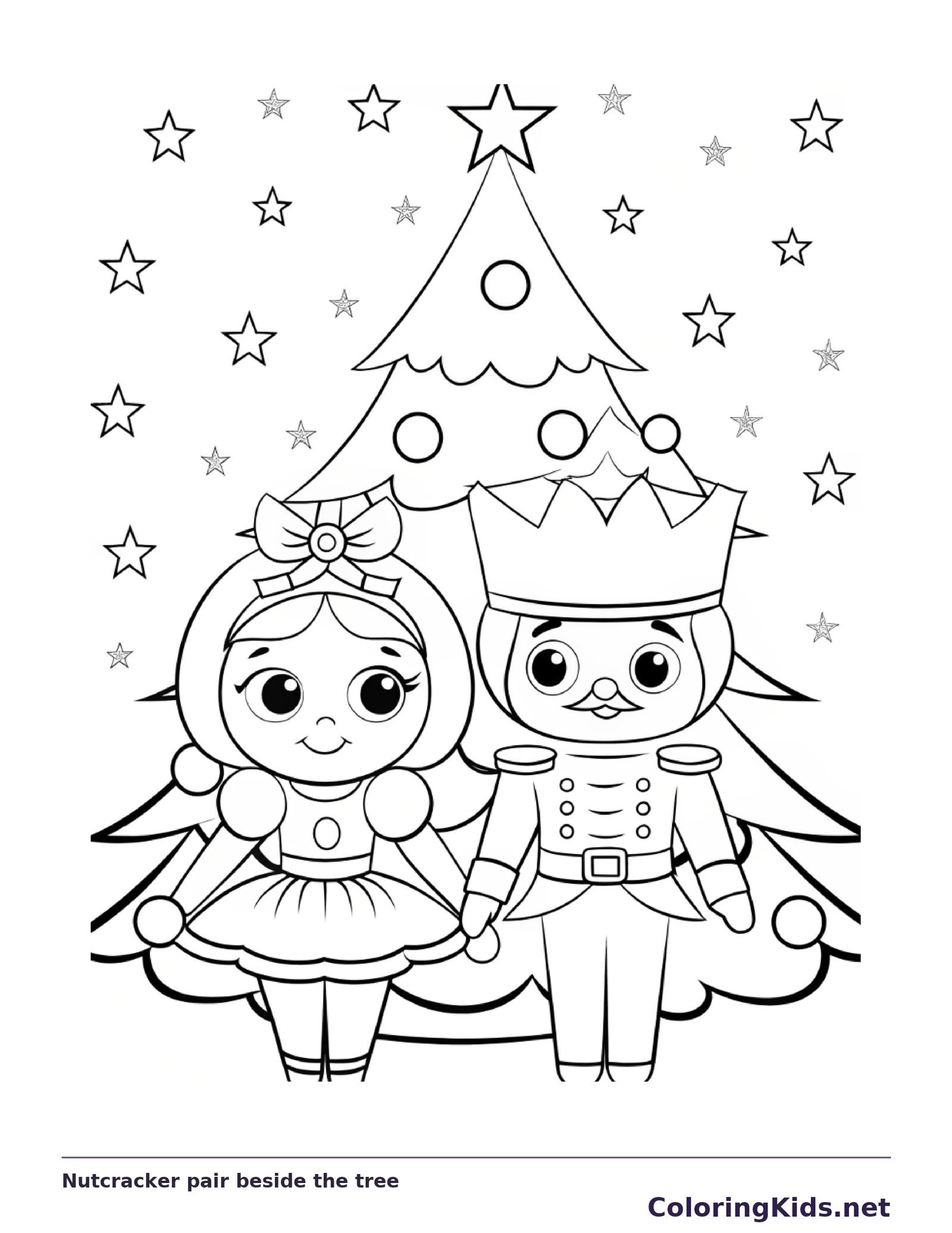 Ballerina and nutcracker together beside a decorated Christmas tree
