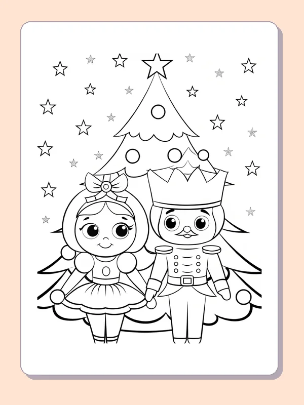 Ballerina and nutcracker together beside a decorated Christmas tree