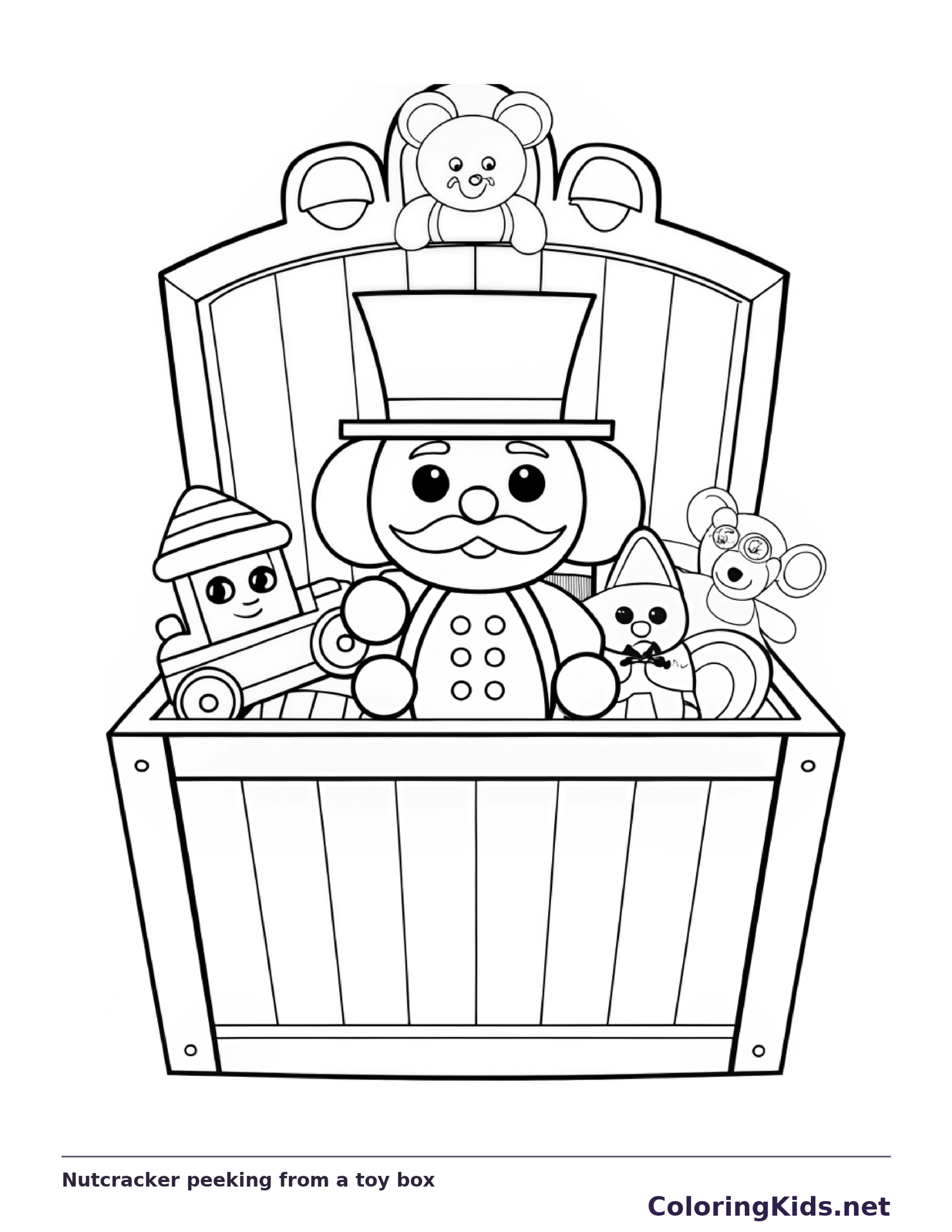 Nutcracker toy peeking from a box filled with bears and other toys