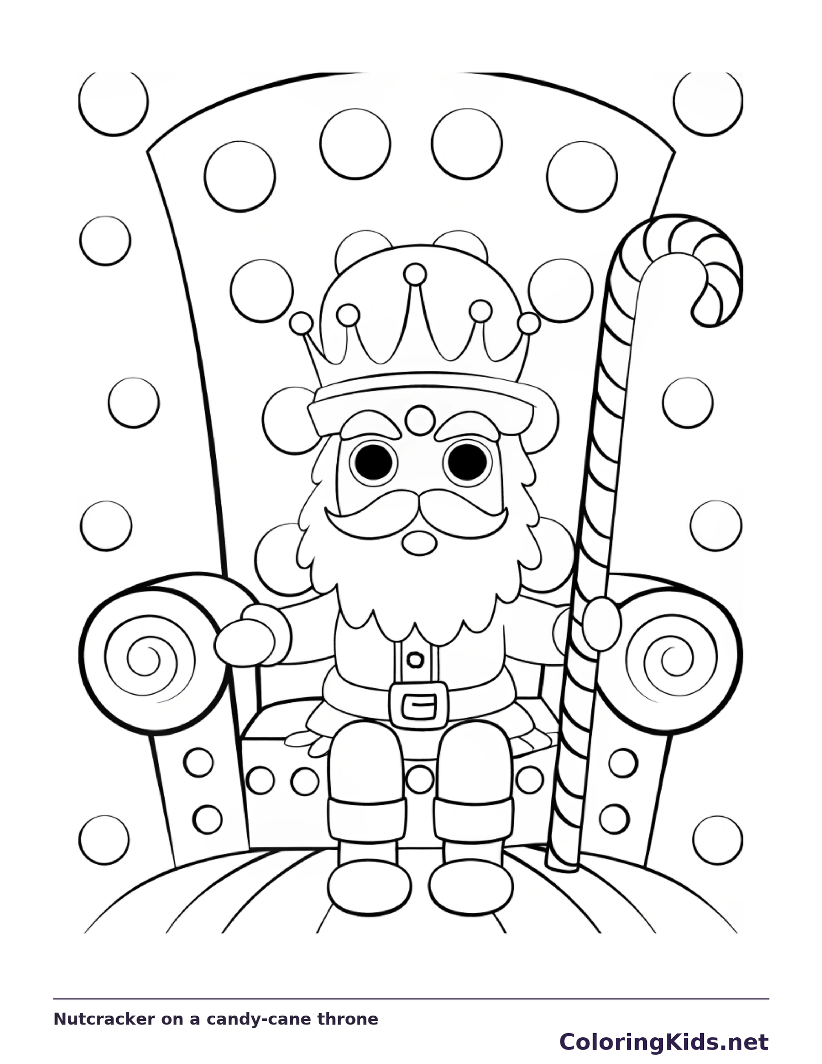 Bearded nutcracker sitting on a throne with a candy cane