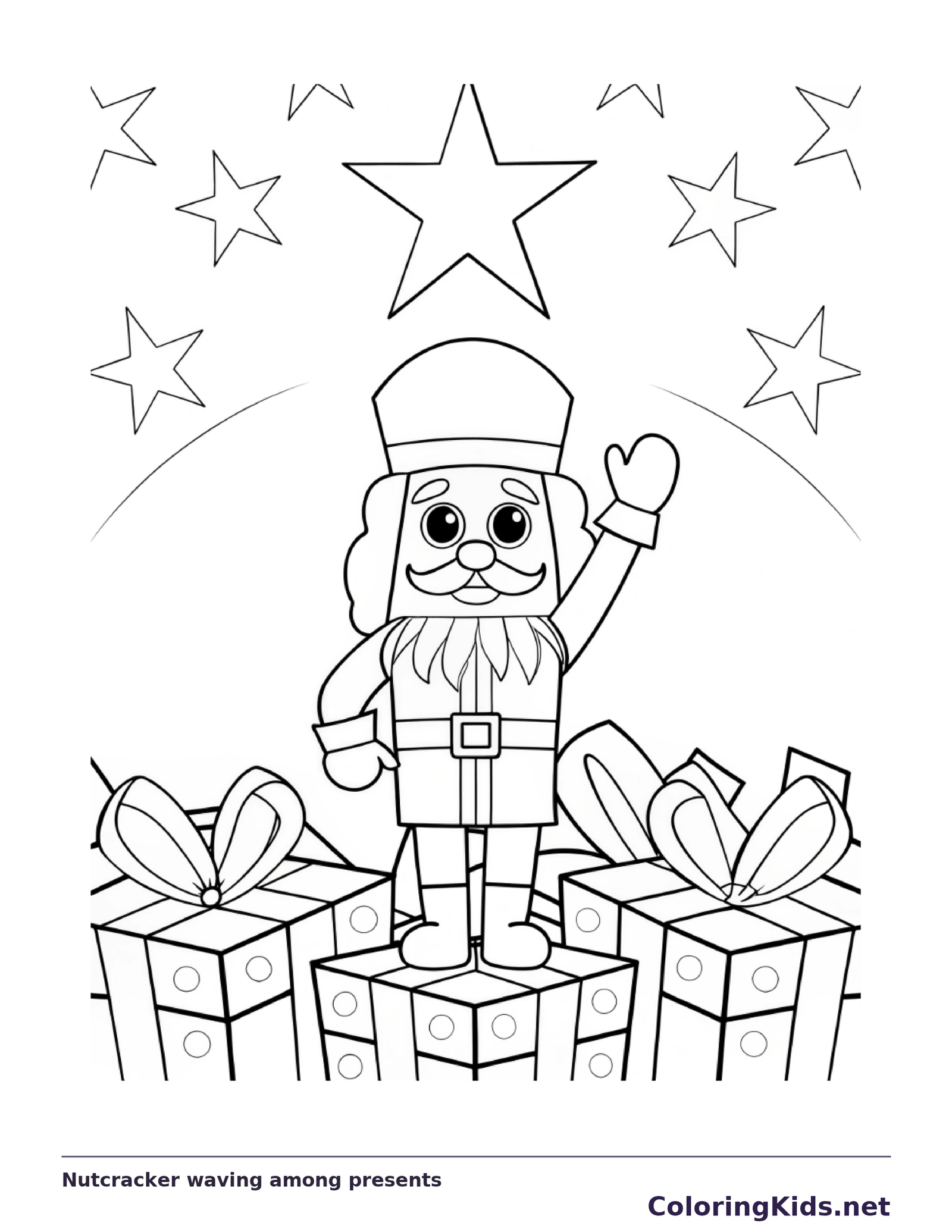 Waving nutcracker soldier surrounded by wrapped presents and stars
