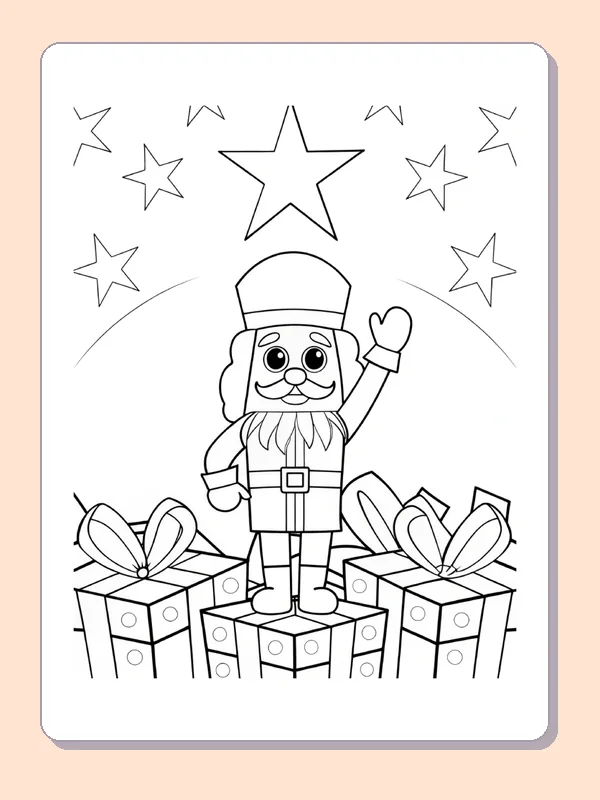 Waving nutcracker soldier surrounded by wrapped presents and stars