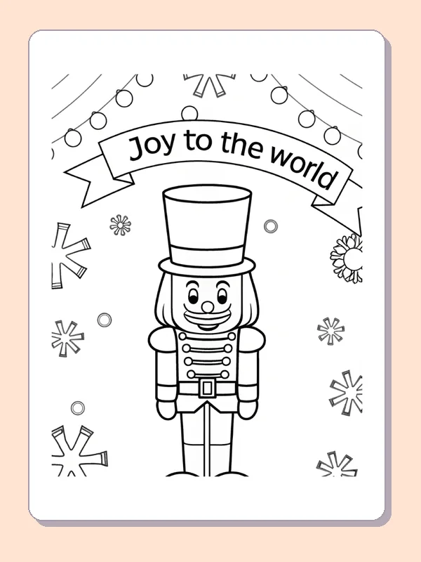 Smiling nutcracker beneath a Joy to the world banner and snowflakes