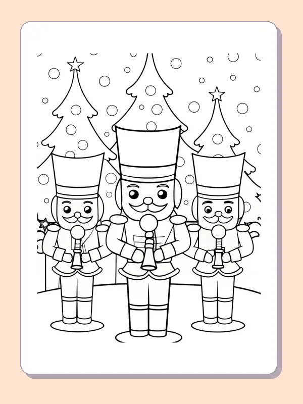 Three nutcracker toy soldiers standing in front of snowy Christmas trees