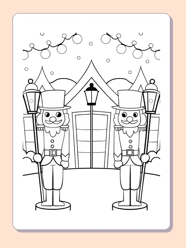 Two nutcracker soldiers standing beside a townhouse entrance