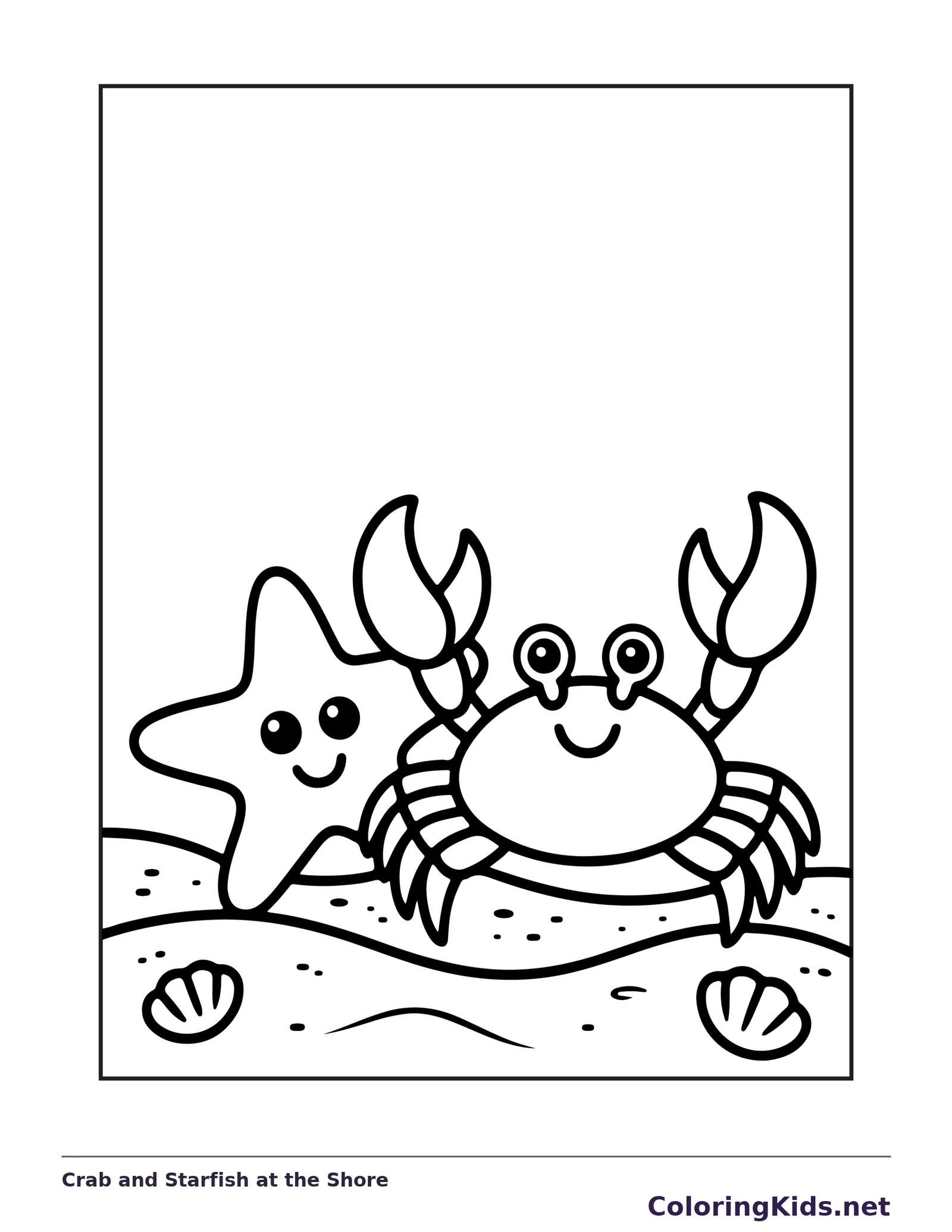 Black and white printable crab and starfish at the shore coloring sheet