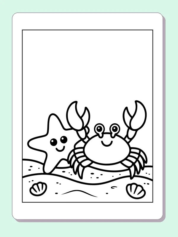 Black and white printable crab and starfish at the shore coloring sheet