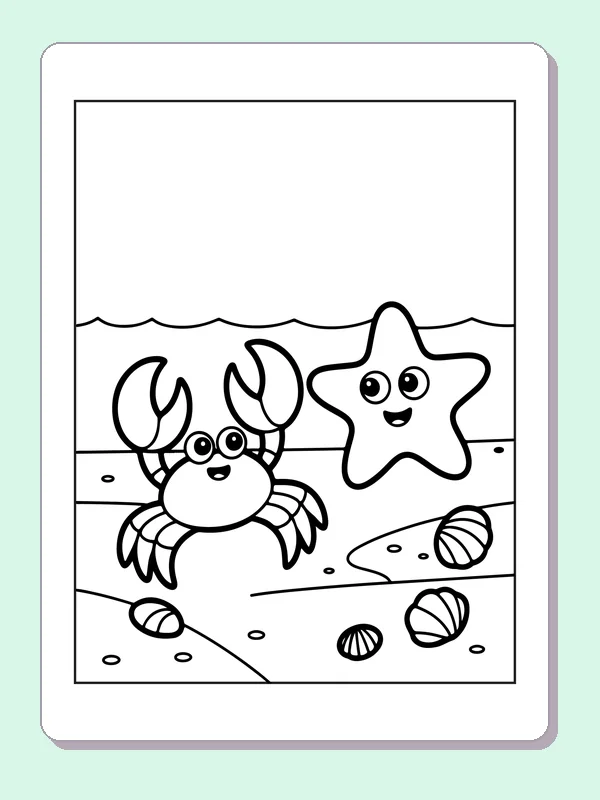 Black and white printable crab beside a little starfish coloring sheet