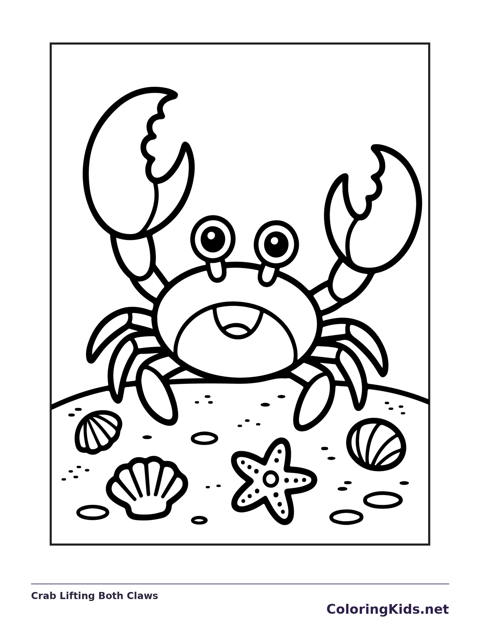 Black and white printable crab lifting both claws coloring sheet