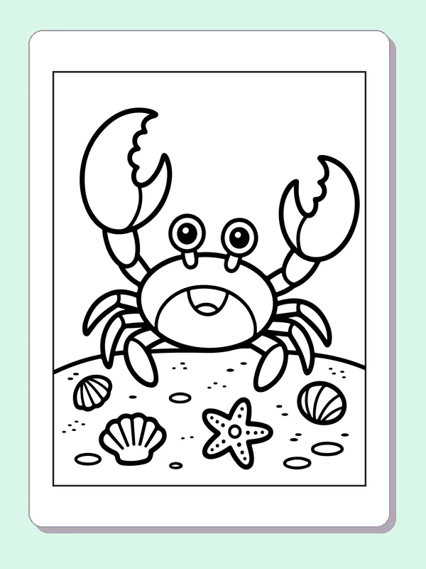 Black and white printable crab lifting both claws coloring sheet