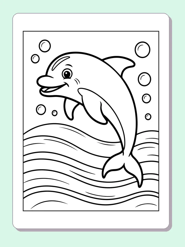 Black and white printable dolphin leaping above waves coloring sheet