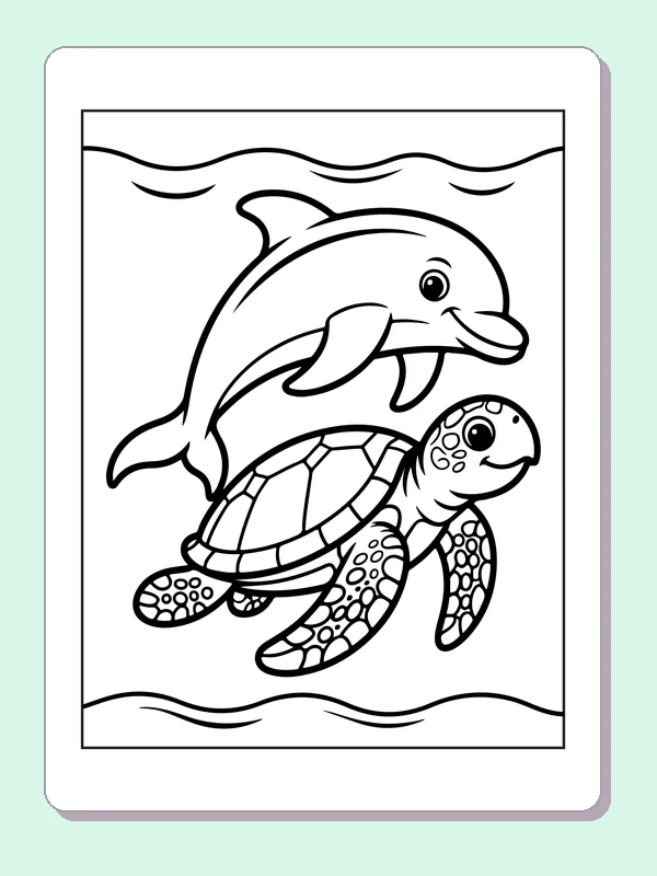 Black and white printable dolphin swimming with a turtle coloring sheet