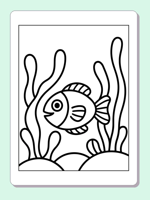 Black and white printable fish passing tall sea plants coloring sheet