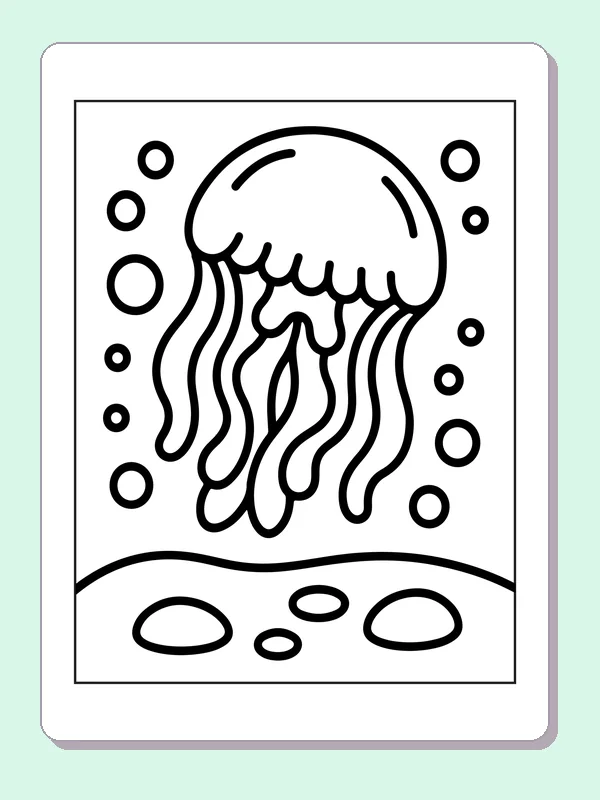 Black and white printable jellyfish drifting between sea plants coloring sheet