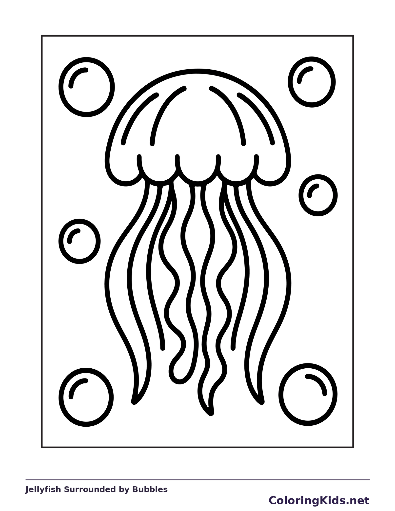 Black and white printable jellyfish surrounded by bubbles coloring sheet