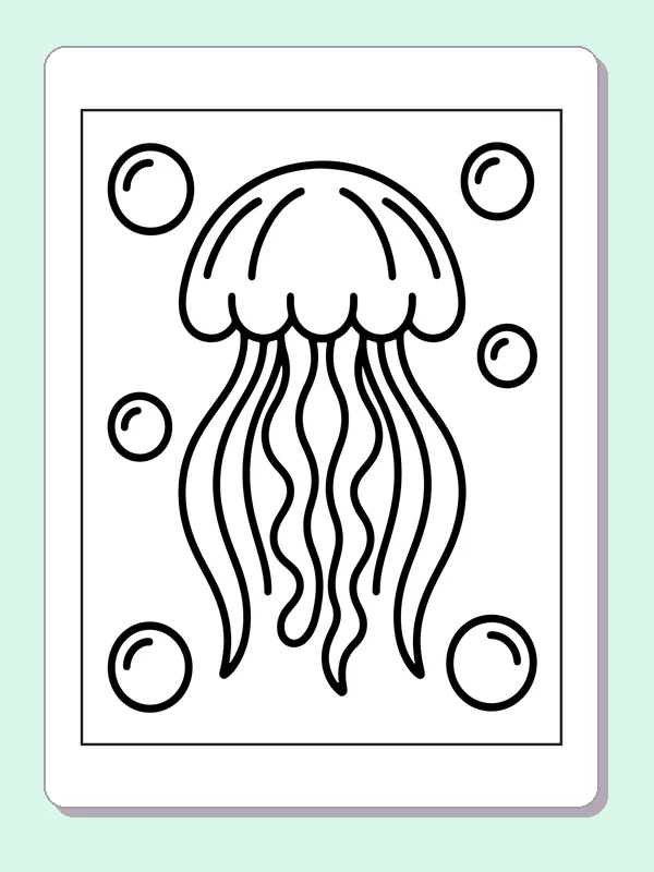 Black and white printable jellyfish surrounded by bubbles coloring sheet