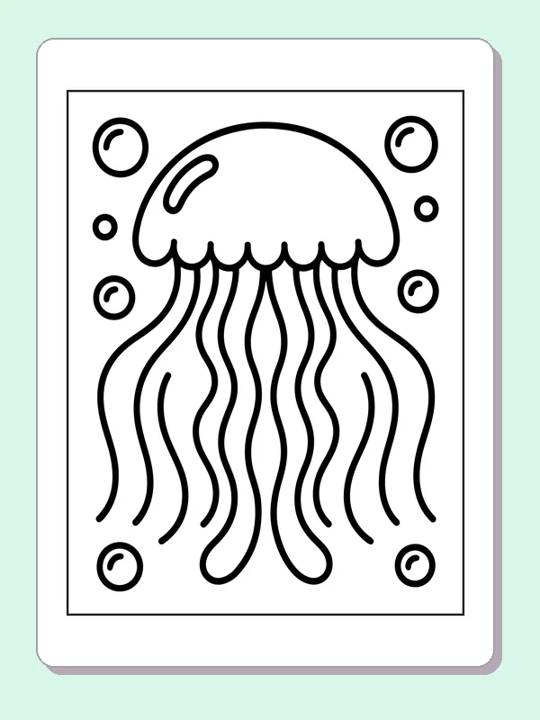 Black and white printable jellyfish with long wavy tentacles coloring sheet