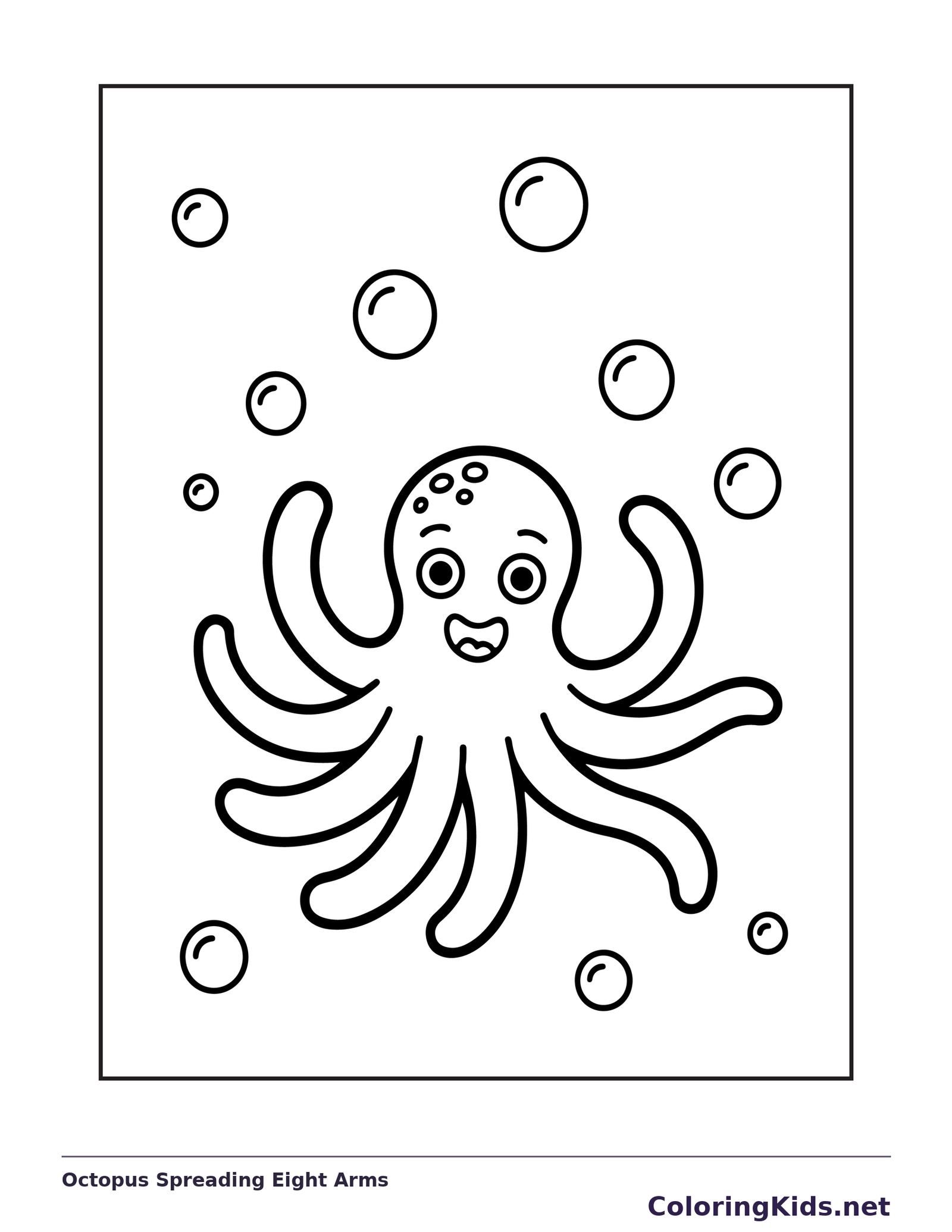 Black and white printable octopus spreading eight arms coloring sheet