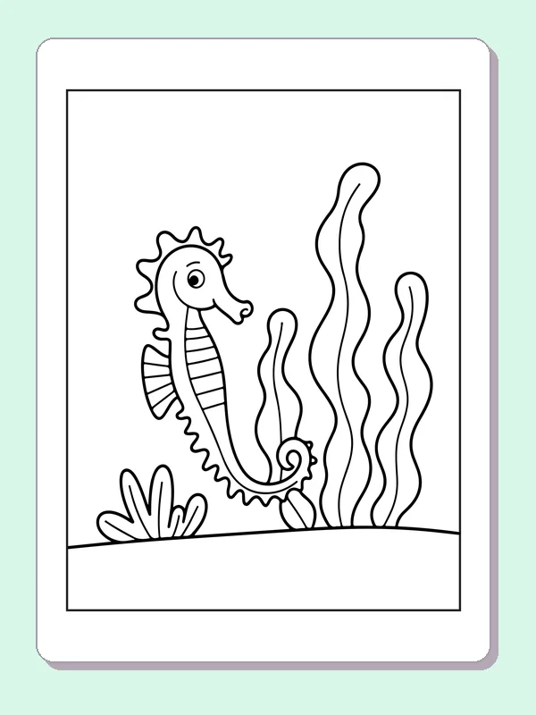 Black and white printable seahorse floating near coral coloring sheet