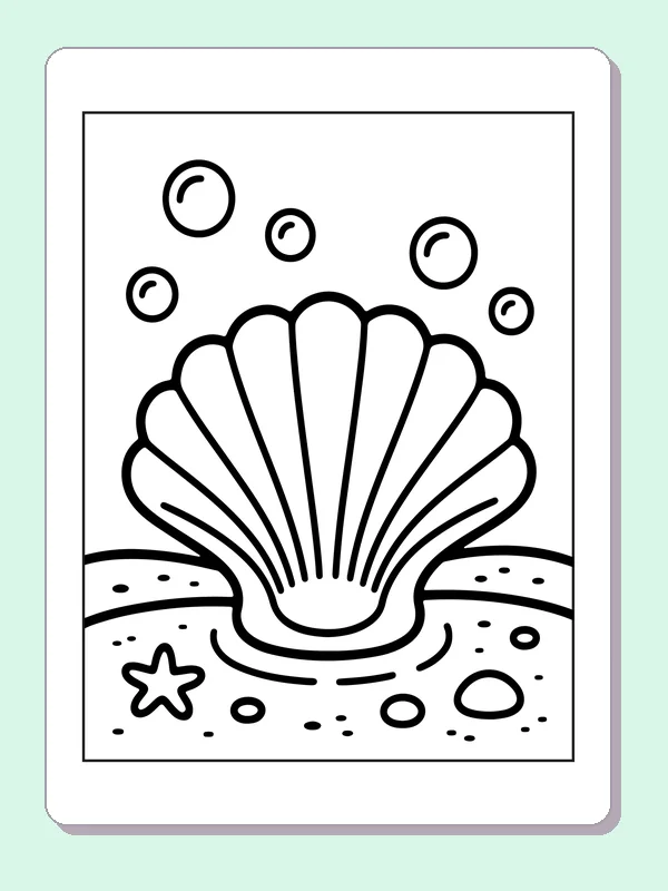 Black and white printable shell resting on a pebble beach coloring sheet