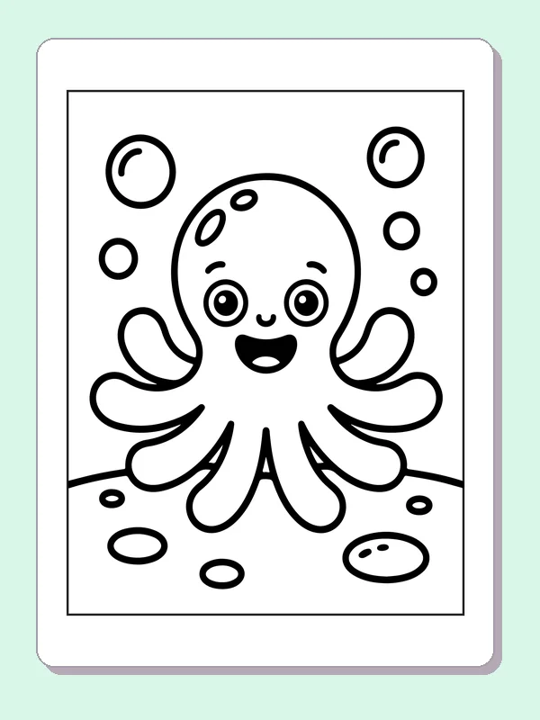 Black and white printable smiling octopus above the seabed coloring sheet