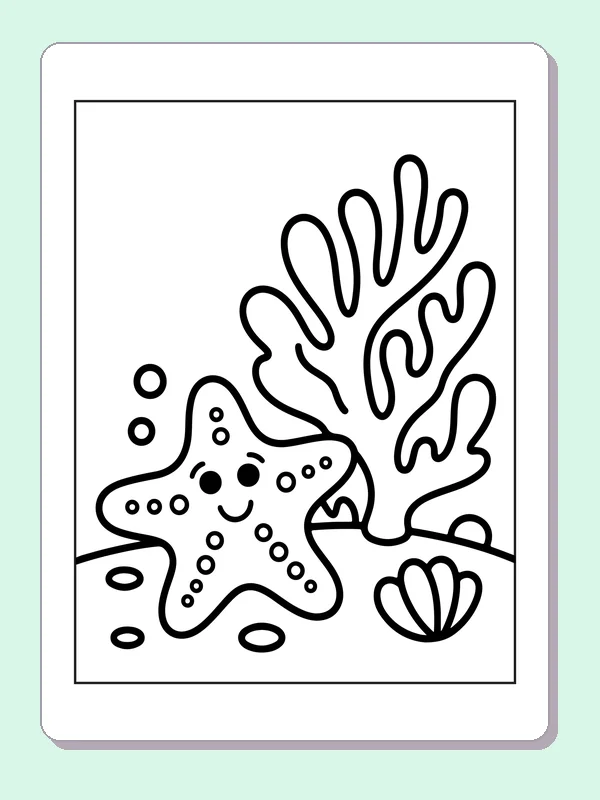 Black and white printable starfish beside branching coral coloring sheet