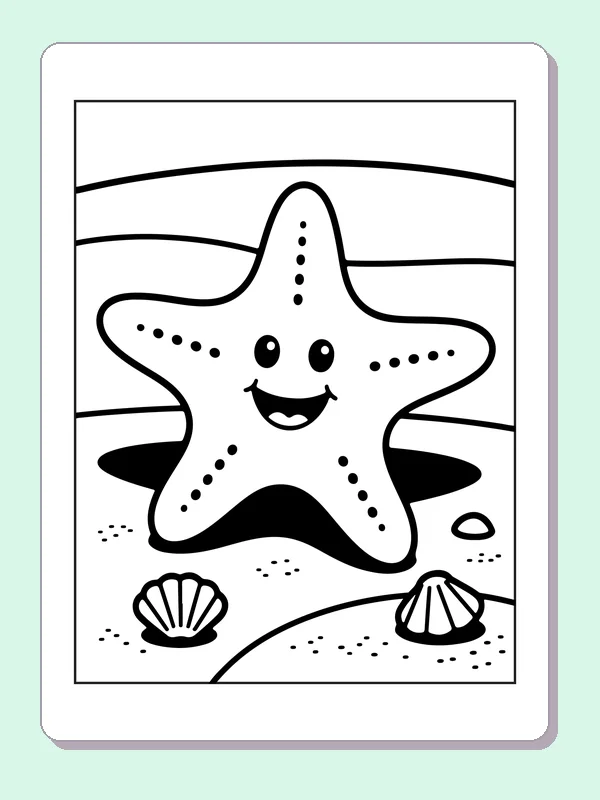 Black and white printable starfish resting in sand coloring sheet