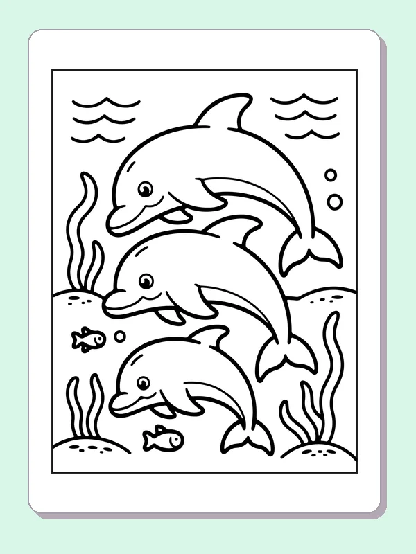 Black and white printable three dolphins swimming together coloring sheet