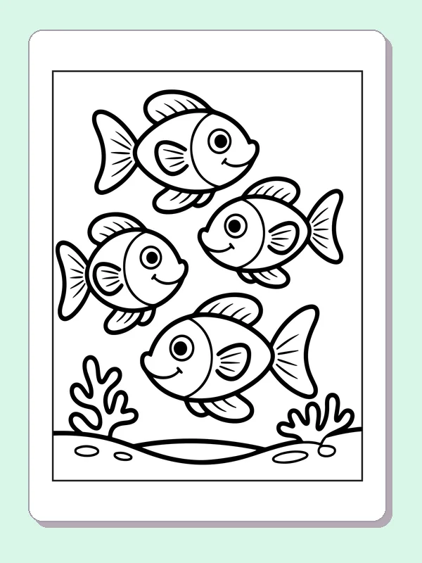 Black and white printable three fish swimming together coloring sheet