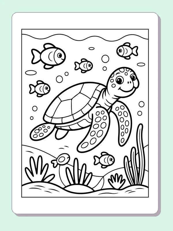 Black and white printable turtle among small reef fish coloring sheet
