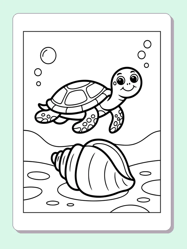 Black and white printable turtle passing a shell coloring sheet