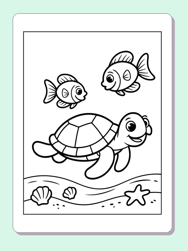 Black and white printable turtle swimming with three fish coloring sheet