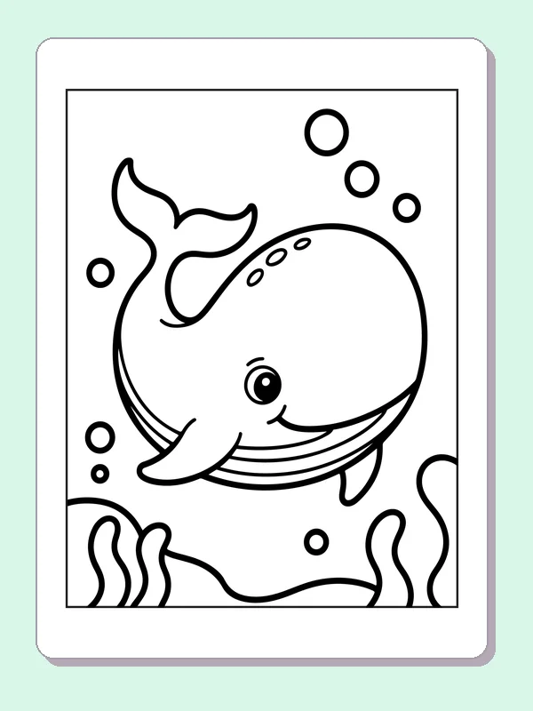 Black and white printable whale gliding through bubbles coloring sheet