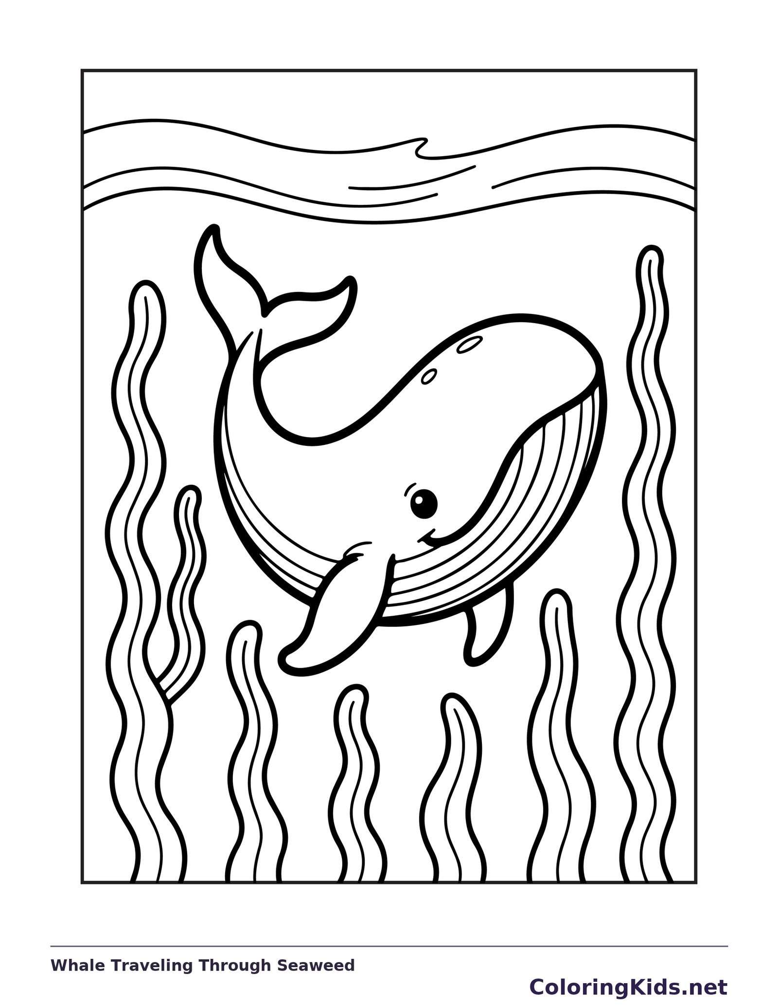Black and white printable whale traveling through seaweed coloring sheet